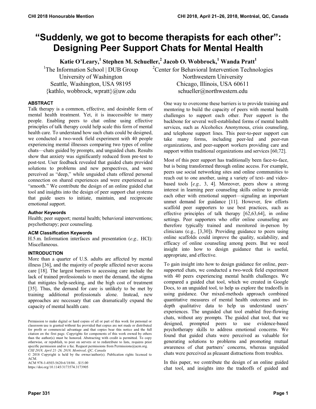 Designing Peer Support Chats for Mental Health Katie O’Leary,1 Stephen M