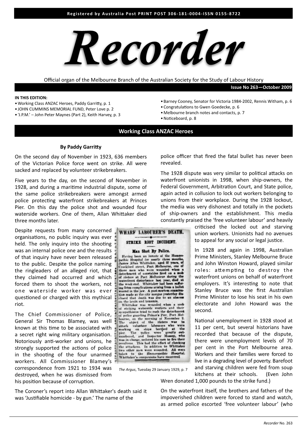 Recorder Oﬃcial Organ of the Melbourne Branch of the Australian Society for the Study of Labour History Issue No 263—October 2009