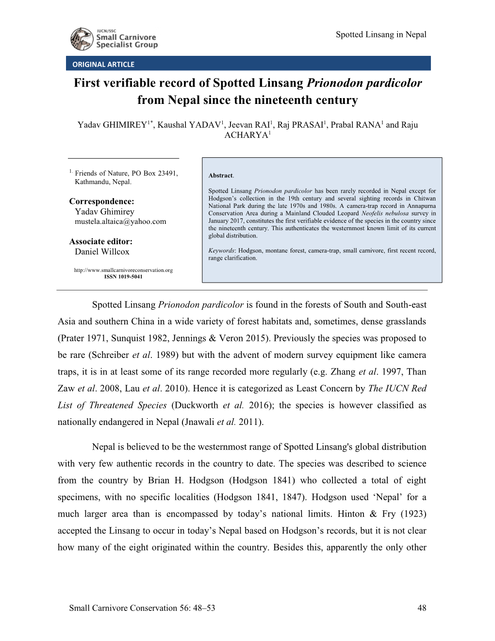 First Verifiable Record of Spotted Linsang Prionodon Pardicolor from Nepal Since the Nineteenth Century