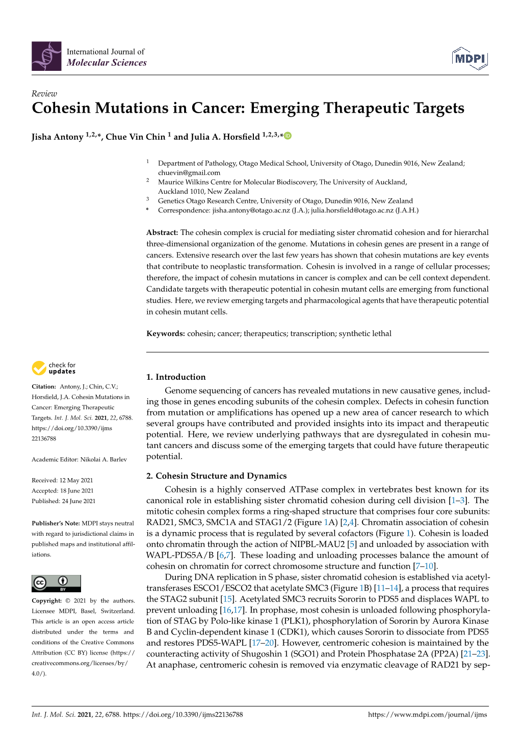 Cohesin Mutations in Cancer: Emerging Therapeutic Targets