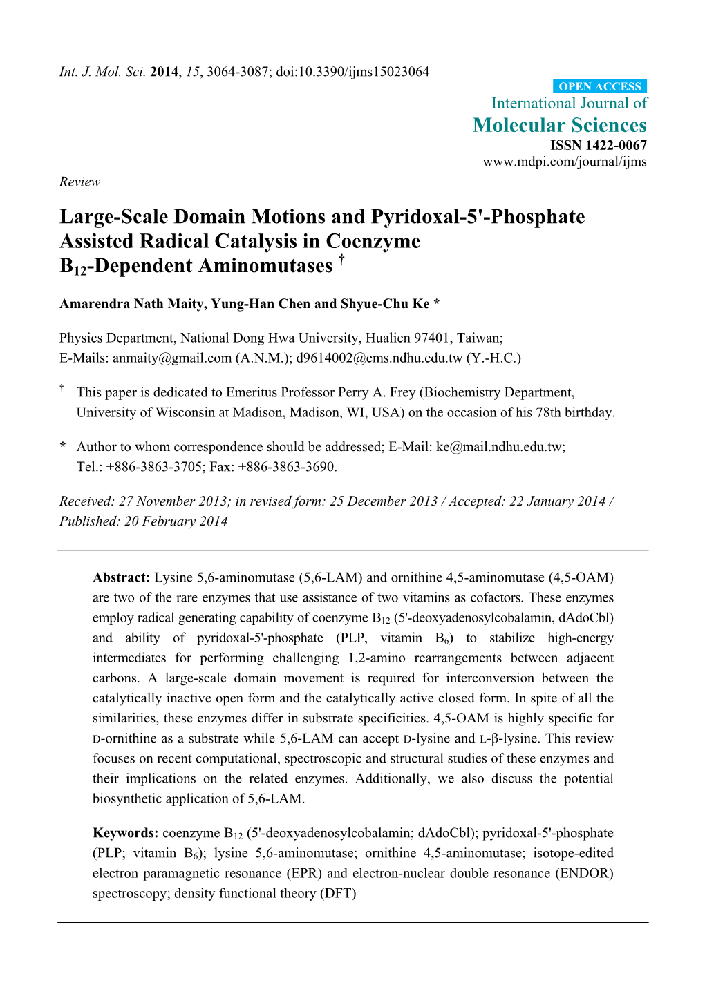 Large-Scale Domain Motions and Pyridoxal-5'-Phosphate Assisted Radical Catalysis in Coenzyme † B12-Dependent Aminomutases