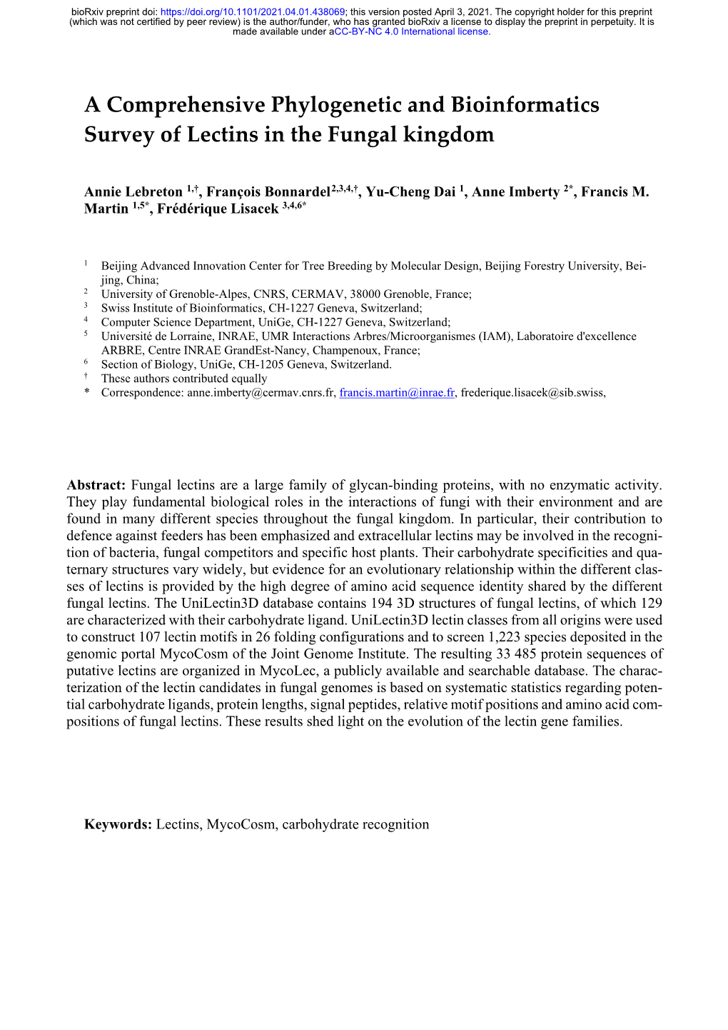 A Comprehensive Phylogenetic and Bioinformatics Survey of Lectins in the Fungal Kingdom