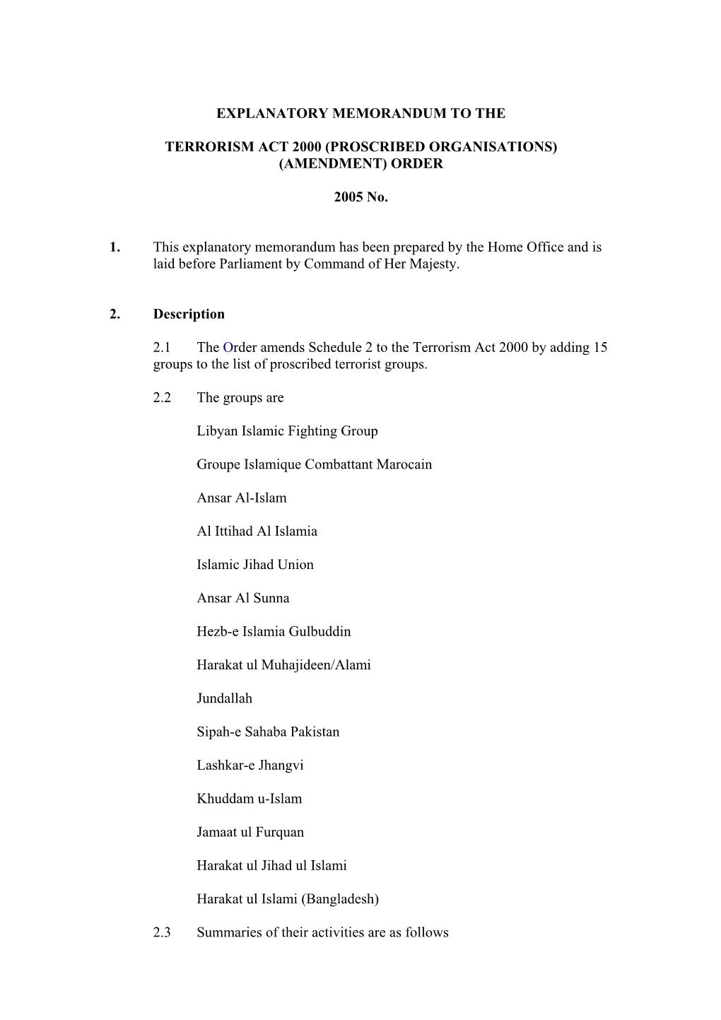 (Proscribed Organisations) (Amendment) Order 2005