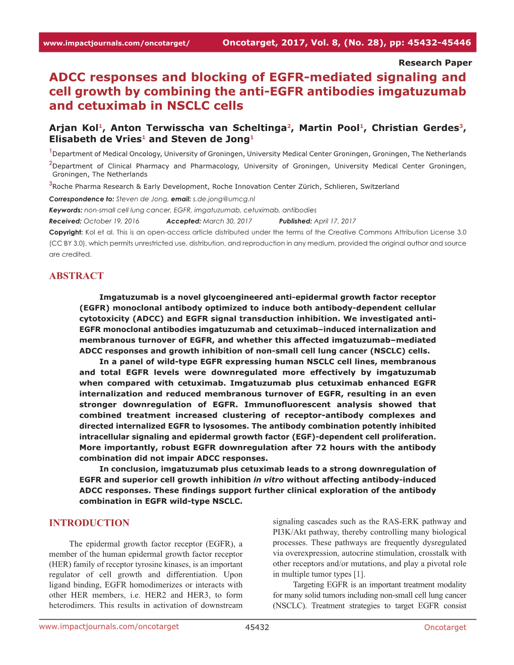 ADCC Responses and Blocking of EGFR-Mediated Signaling and Cell Growth by Combining the Anti-EGFR Antibodies Imgatuzumab and Cetuximab in NSCLC Cells