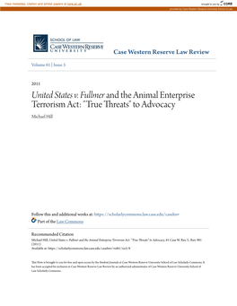 United States V. Fullmer and the Animal Enterprise Terrorism Act: "True Threats" to Advocacy Michael Hill