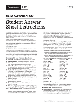 2020 Maine SAT School Day Student Answer Sheet Instructions