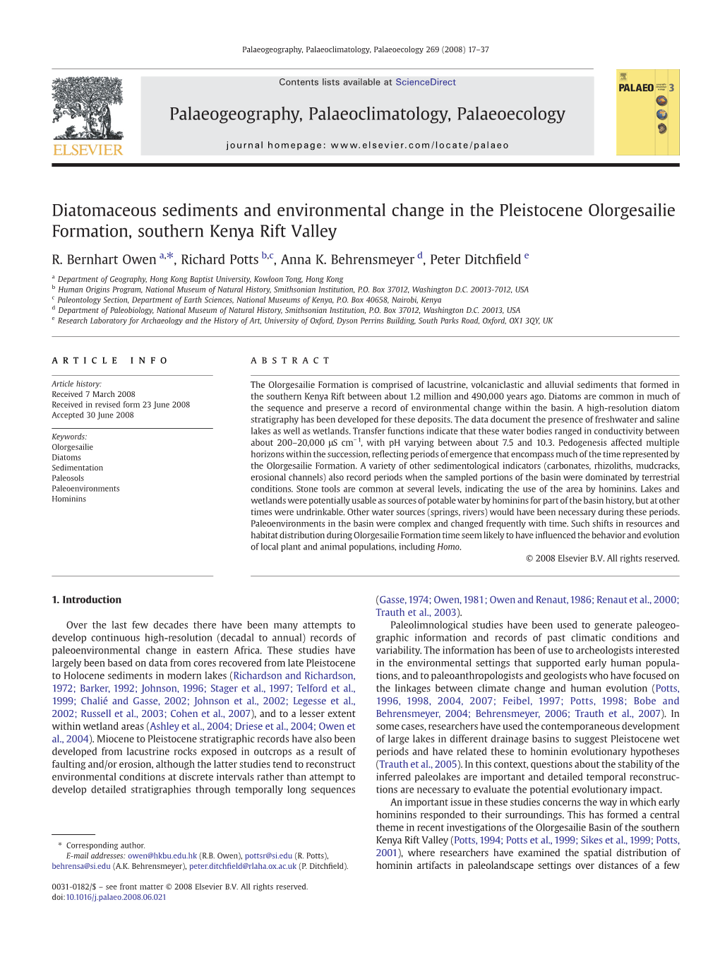 Diatomaceous Sediments and Environmental Change in the Pleistocene Olorgesailie Formation, Southern Kenya Rift Valley