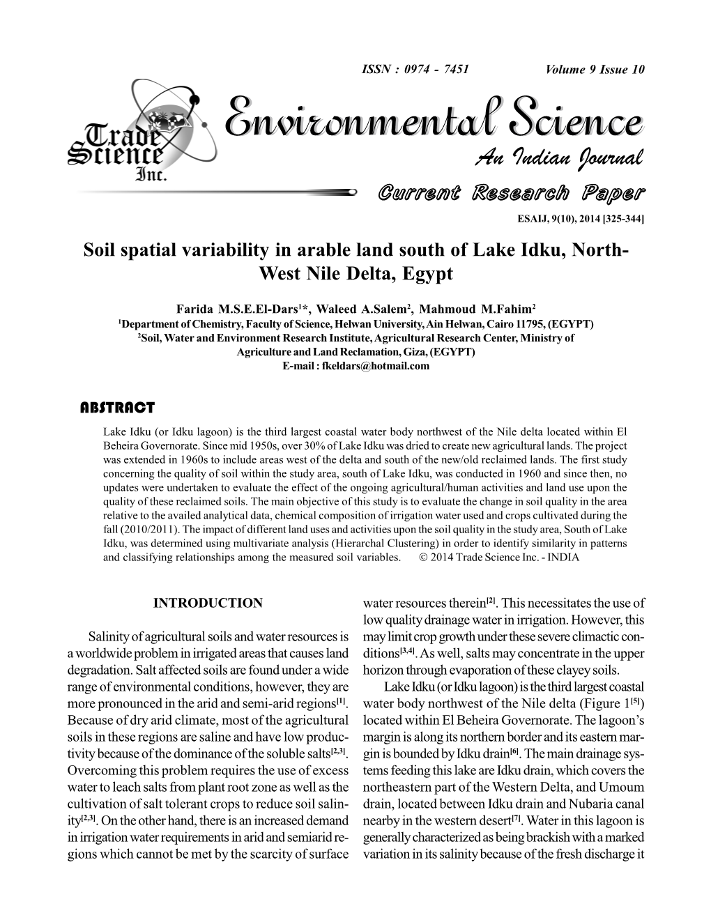 Soil Spatial Variability in Arable Land South of Lake Idku, North-West Nile