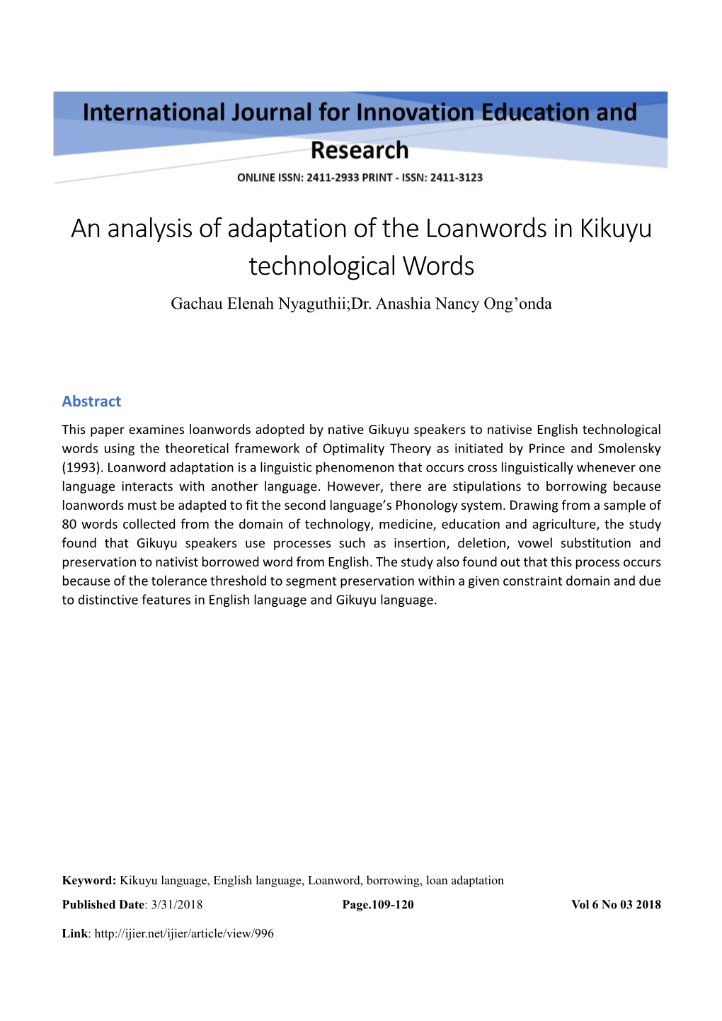 An Analysis of Adaptation of the Loanwords in Kikuyu Technological Words