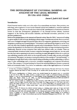 THE DEVELOPMENT of UNIVERSAL BANKING: an ANALYSIS of the LEGAL REGIMES in USA and INDIA Amrut S