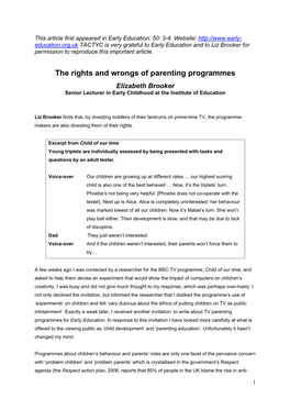 The Rights and Wrongs of Parenting Programmes Elizabeth Brooker Senior Lecturer in Early Childhood at the Institute of Education