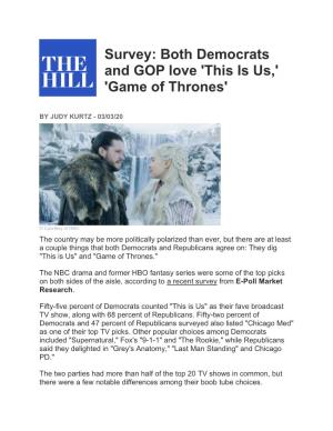 Survey: Both Democrats and GOP Love 'This Is Us,' 'Game of Thrones'