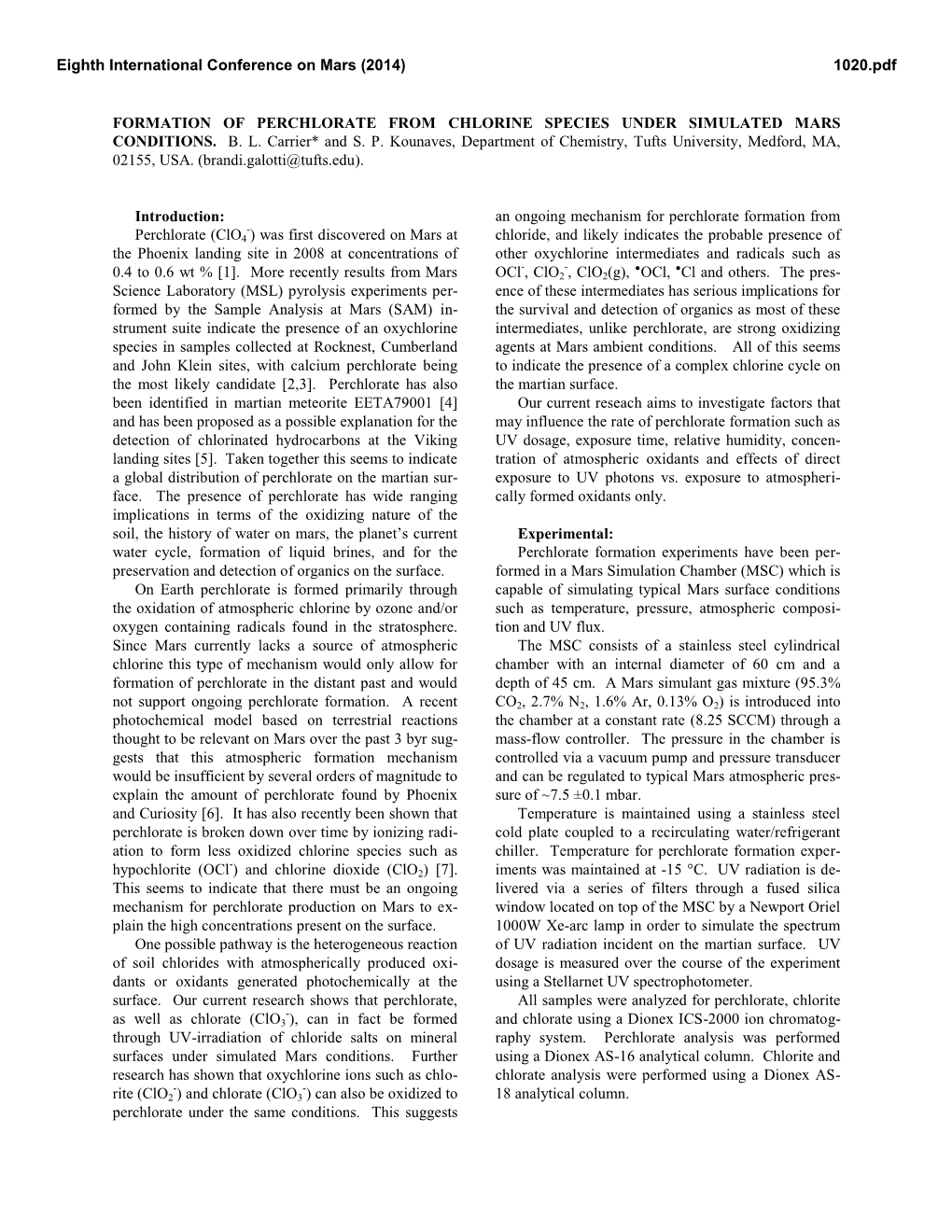 Formation of Perchlorate from Chlorine Species Under Simulated Mars Conditions