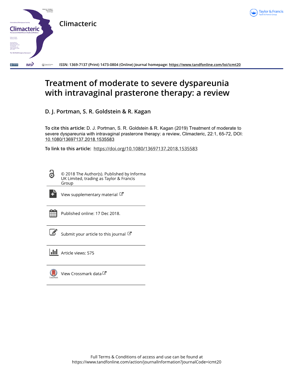 Treatment of Moderate to Severe Dyspareunia with Intravaginal Prasterone Therapy: a Review