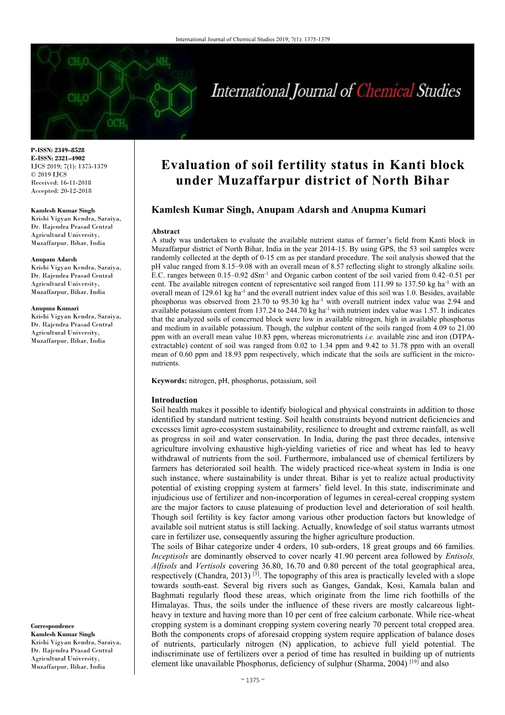 Evaluation of Soil Fertility Status in Kanti Block Under Muzaffarpur District of North Bihar