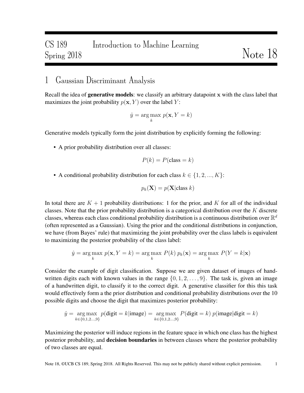 Note 18 : Gaussian Discriminant Analysis