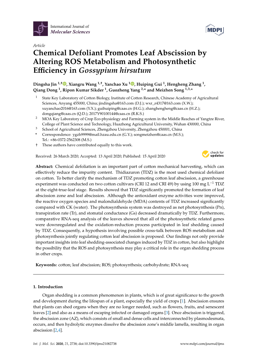 Chemical Defoliant Promotes Leaf Abscission by Altering ROS Metabolism and Photosynthetic Eﬃciency in Gossypium Hirsutum