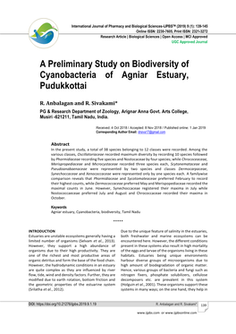 A Preliminary Study on Biodiversity of Cyanobacteria of Agniar Estuary, Pudukkottai