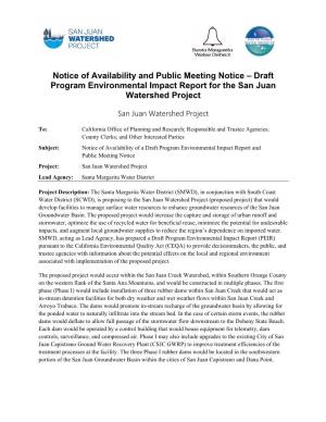 Notice of Availability and Public Meeting Notice – Draft Program Environmental Impact Report for the San Juan Watershed Project