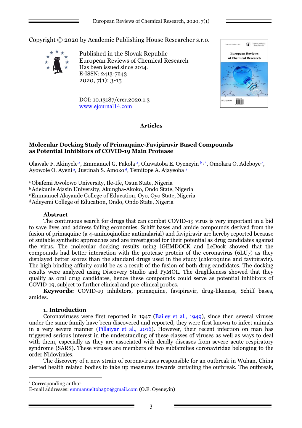 Molecular Docking Study of Primaquine-Favipiravir Based Compounds As Potential Inhibitors of COVID-19 Main Protease