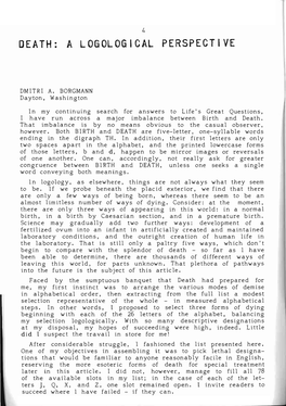 DEATH: a LOGOLOGICAL PERSPECTIVE Some Causes Rocution, Al the Standpo Ing Someone Adopt the V Ing Oneself Saw No Wa~ DMITRI A