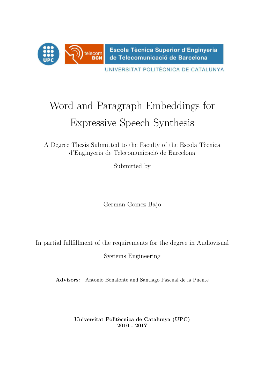 Word and Paragraph Embeddings for Expressive Speech Synthesis