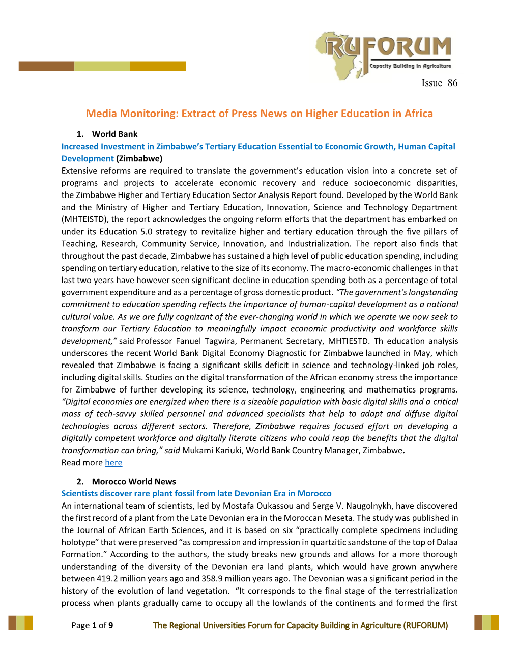 Media Monitoring: Extract of Press News on Higher Education in Africa