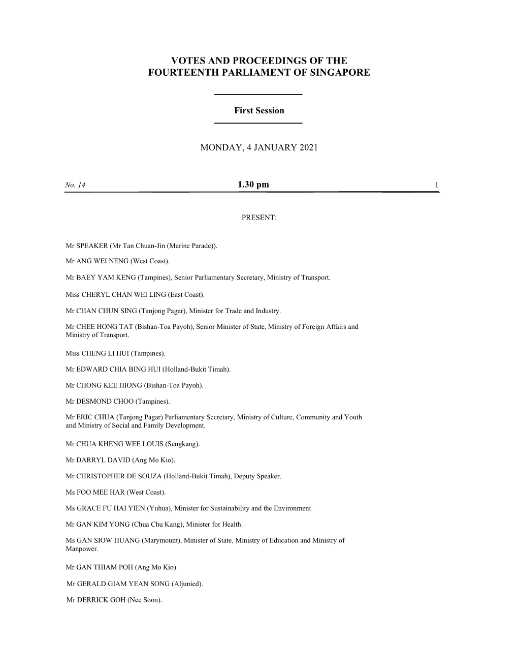 Votes and Proceedings of the Fourteenth Parliament of Singapore