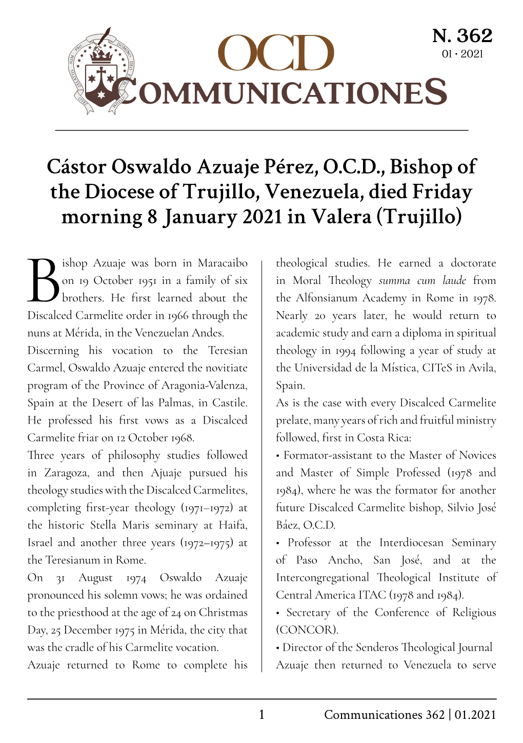 Cástor Oswaldo Azuaje Pérez, O.C.D., Bishop of the Diocese of Trujillo, Venezuela, Died Friday Morning 8 January 2021 in Valera (Trujillo)