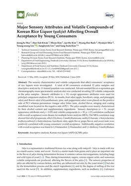 Major Sensory Attributes and Volatile Compounds of Korean Rice Liquor (Yakju)Aﬀecting Overall Acceptance by Young Consumers