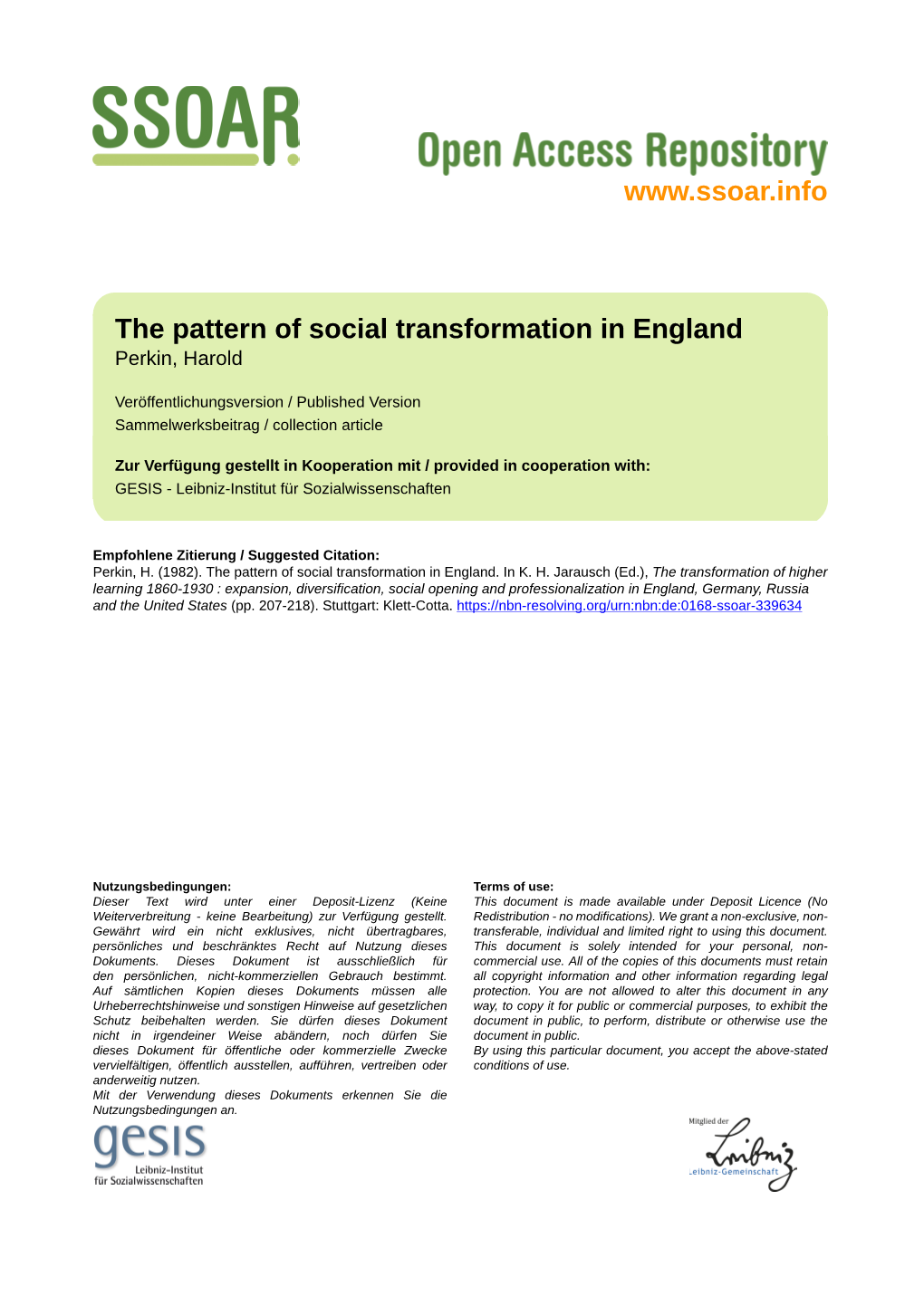 The Pattern of Social Transformation in England Perkin, Harold