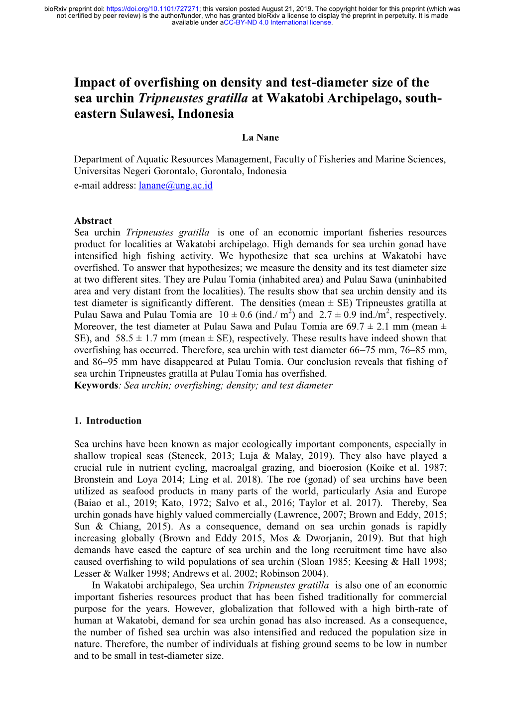 Impact of Overfishing on Density and Test-Diameter Size of the Sea Urchin Tripneustes Gratilla at Wakatobi Archipelago, South- Eastern Sulawesi, Indonesia