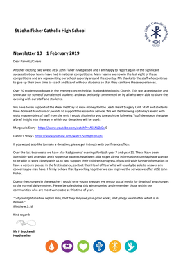 St John Fisher Catholic High School Newsletter 10 1 February 2019