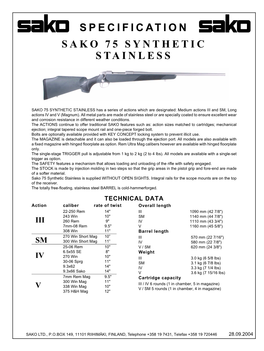 Specification Sako 75 Synthetic Stainless