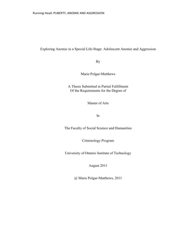 Adolescent Anomie and Aggression by Marie Polgar-Matthews a Thesis
