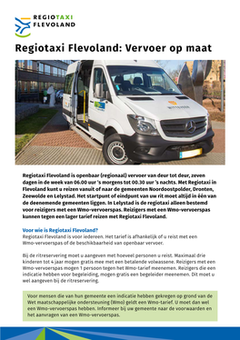 Folder Regiotaxi Flevoland: Vervoer Op Maat