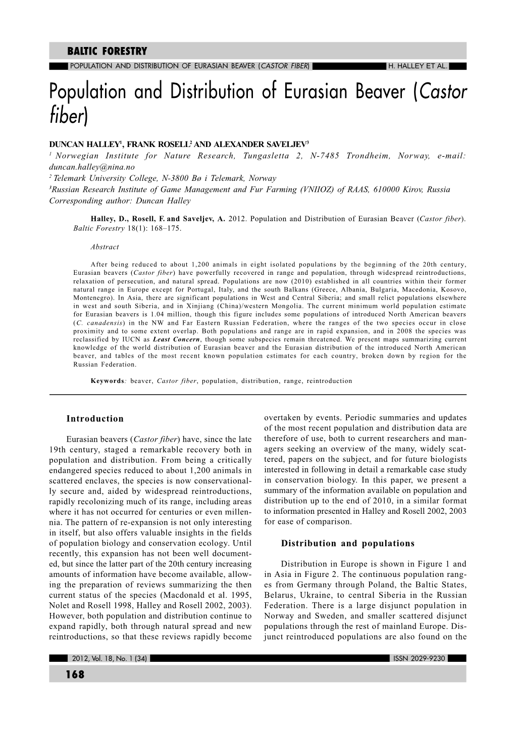 Population and Distribution of Eurasian Beaver (Castor Fiber)