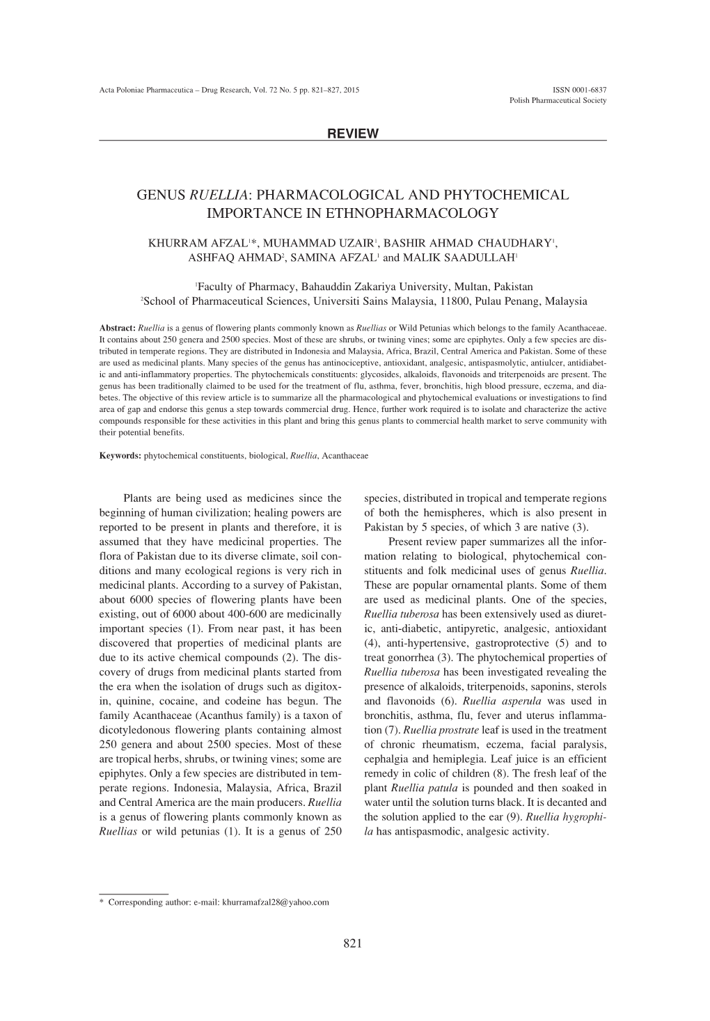 Genus Ruellia: Pharmacological and Phytochemical Importance in Ethnopharmacology