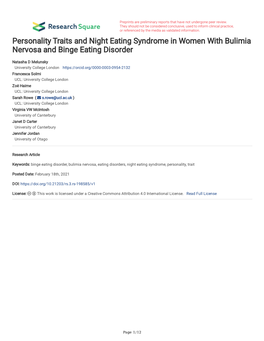 Personality Traits and Night Eating Syndrome in Women with Bulimia Nervosa and Binge Eating Disorder