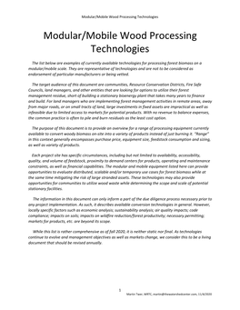 Modular/Mobile Wood Processing Technologies