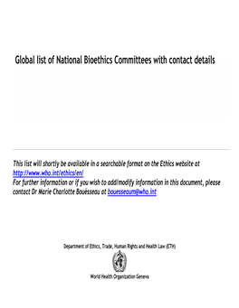 Global List of National Bioethics Committees with Contact Details