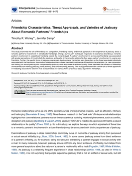 Friendship Characteristics, Threat Appraisals, and Varieties of Jealousy About Romantic Partners’ Friendships