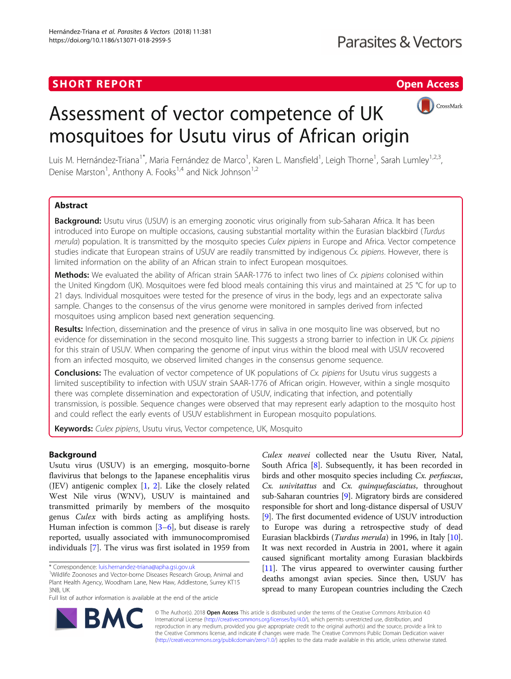 Assessment of Vector Competence of UK Mosquitoes for Usutu Virus of African Origin Luis M