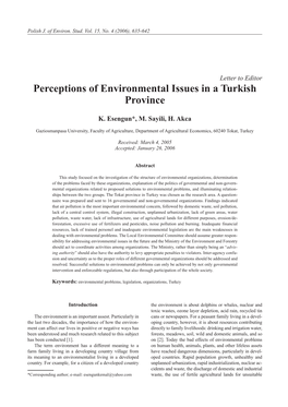 Perceptions of Environmental Issues in a Turkish Province