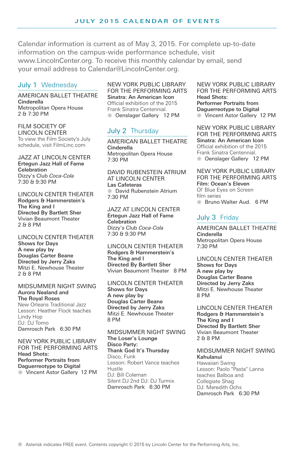 Lincoln Center July 2015 Calendar of Events