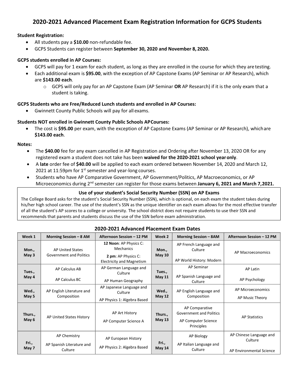 2020-2021 Advanced Placement Exam Registration Information for GCPS Students