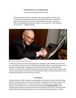 The Memorial Service for Philip Gossett University of Chicago, 8 February 2018