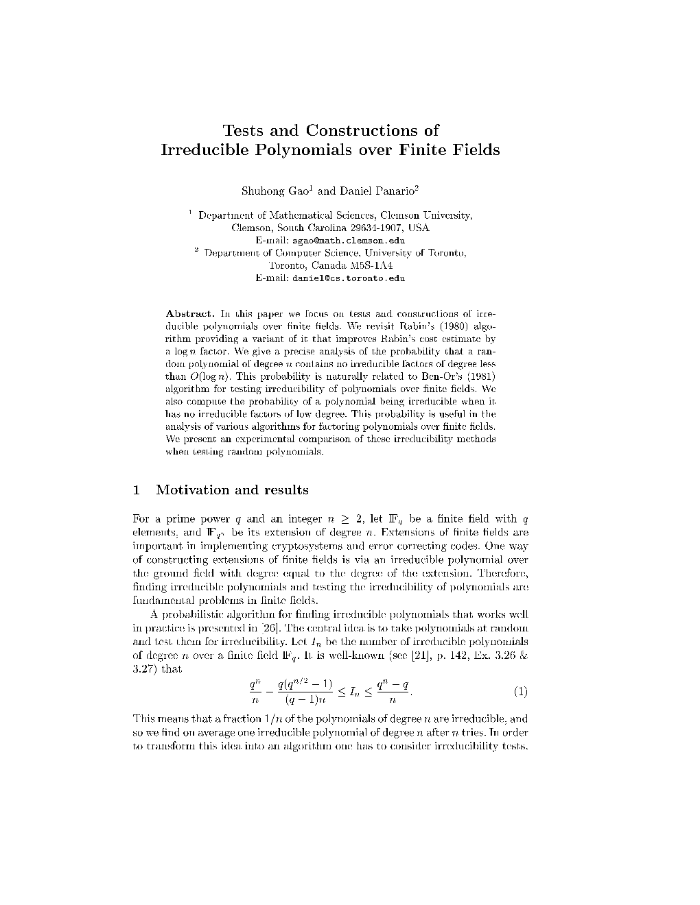Tests and Constructions of Irreducible Polynomials Over Finite Fields