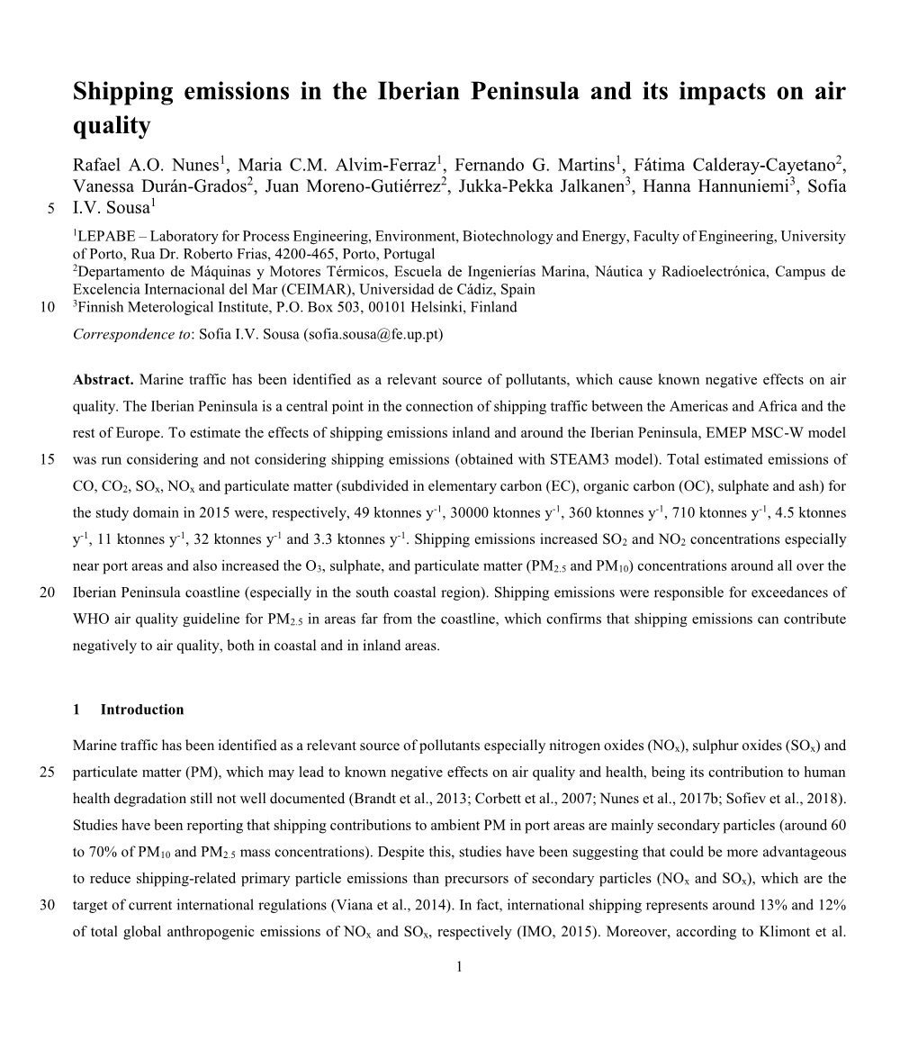 Shipping Emissions in the Iberian Peninsula and Its Impacts on Air Quality Rafael A.O