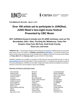 Over 100 Artists Set to Participate in Junofest, JUNO Week's Two-Night